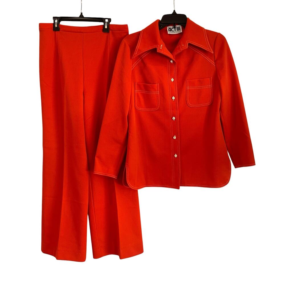 Vintage 70s Dark Salmon Pantsuit Set Disco Mod Leisure Suit Medium -